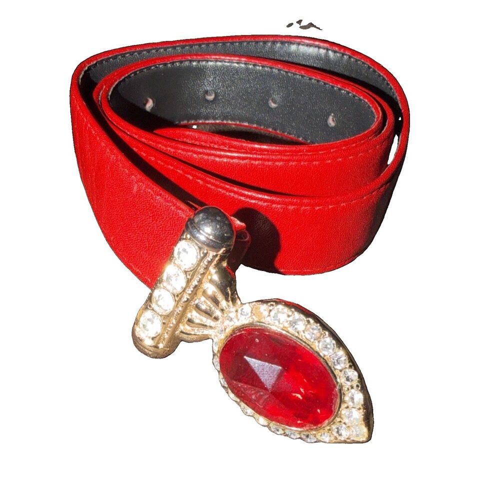 VTG 80s Liz Claiborne Red Leather Belt Med Gold Tone Ruby Diamonds Buckle Accent